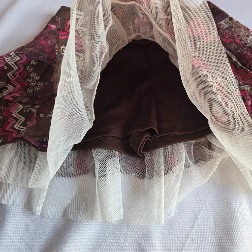 Eyeshadow Girl Brown Pink Boho Tiered Skort Y2K Fairycore Tulle Trim Size L 14‎